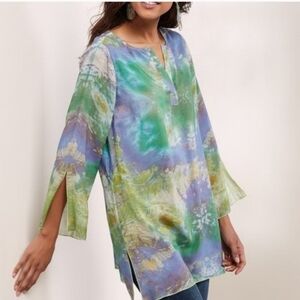Soft Surroundings Kechmara Tiee dye Lightweight Tunic Split 3/4 sleeves Resort